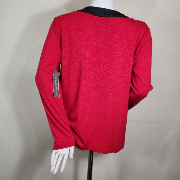 Multiples Womens Size M Petite  Red Long Sleeve v neck top blouse New -23 - Picture 3 of 10